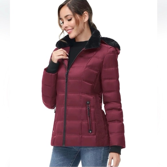 Slowdown Burgundy Down Feather Puffer Jacket, Fur Lined Removable Hood, Med, NWT - Picture 1 of 16